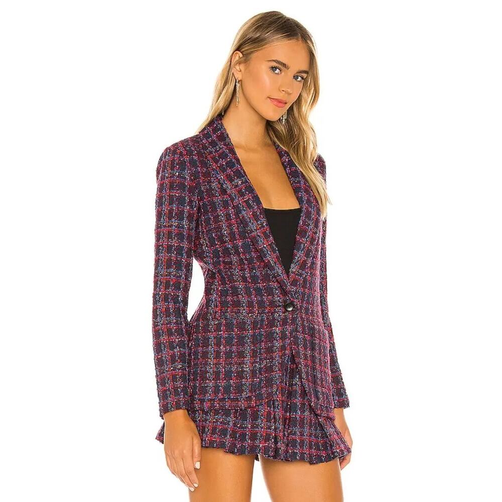 AMANDA UPRICHARD SET Tweed Collar Blazer & mini pleated skirt plaid navy red S